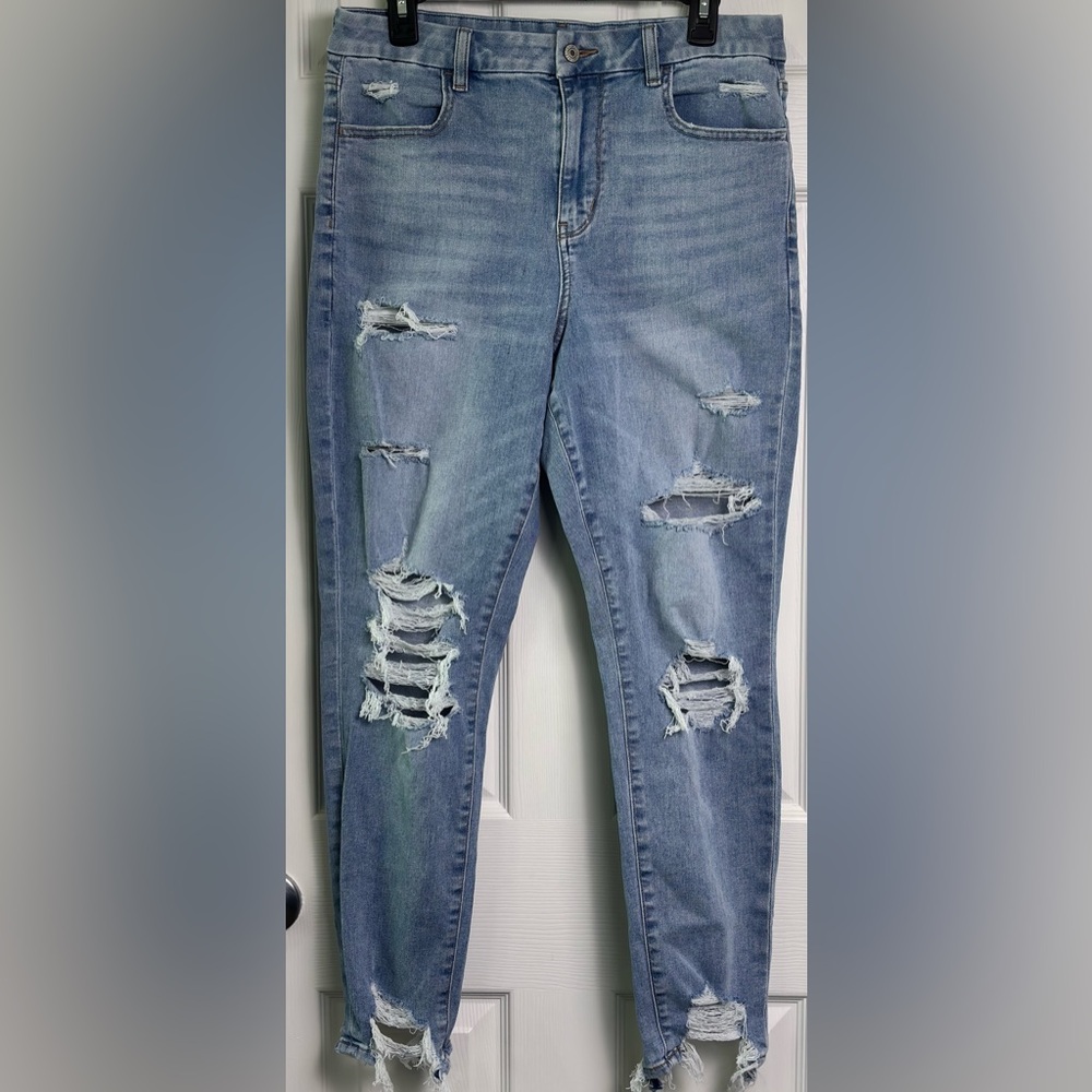 American Eagle Curvy Hi Rise Jegging Size 12 Distressed Raw Hem Stretch Jeans